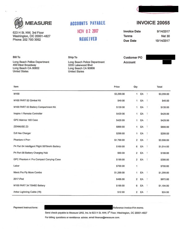  In 2017 the LBPD spent $16,000 on a DJI Matrise 100 drone with a Zenmous Z3 camera and a DJI Phantom 4+ Pro Version 2—along batteries and other equipment like strobe lights. (Click Image To Open Entire Doc)