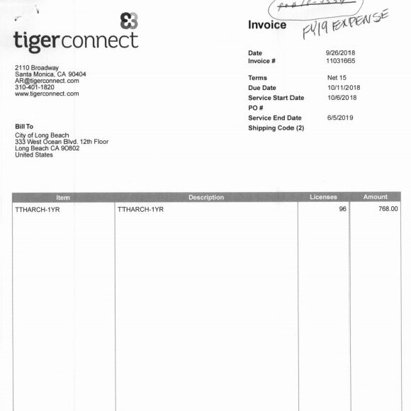 Long Beach Police Department Invoices and Purchase orders for 1 year of Hosted Archiving of TigerText data purchased by the LBPD in late 2018 after they had already stopped using TigerText