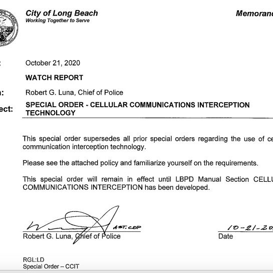 Oct 21, 2020 LBPD Watch Report distributing Special Order on Cellular Communications Interception Technology